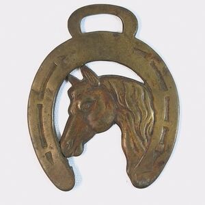 Vintage Horse Pressed Brass Horse Head and Horseshoe Harness Medallion